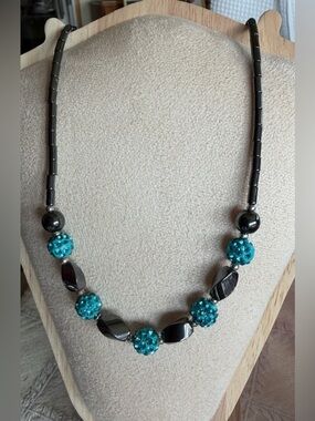 Teal Crystal Bead and Hematite Necklace - Women Jewelry